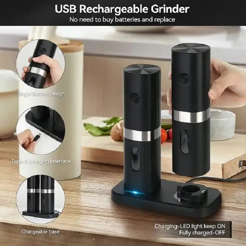 LED High Quality Automatic Operation Rechargeable Mill Electric Salt and Pepper Grinder Set with Charging Base
