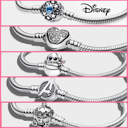 Disney 925 Sterling Silver Bracelet Moments Sparkling Mickey Mouse Heart Clasp Snake Chain Bracelet for Women DIY Charms Beads