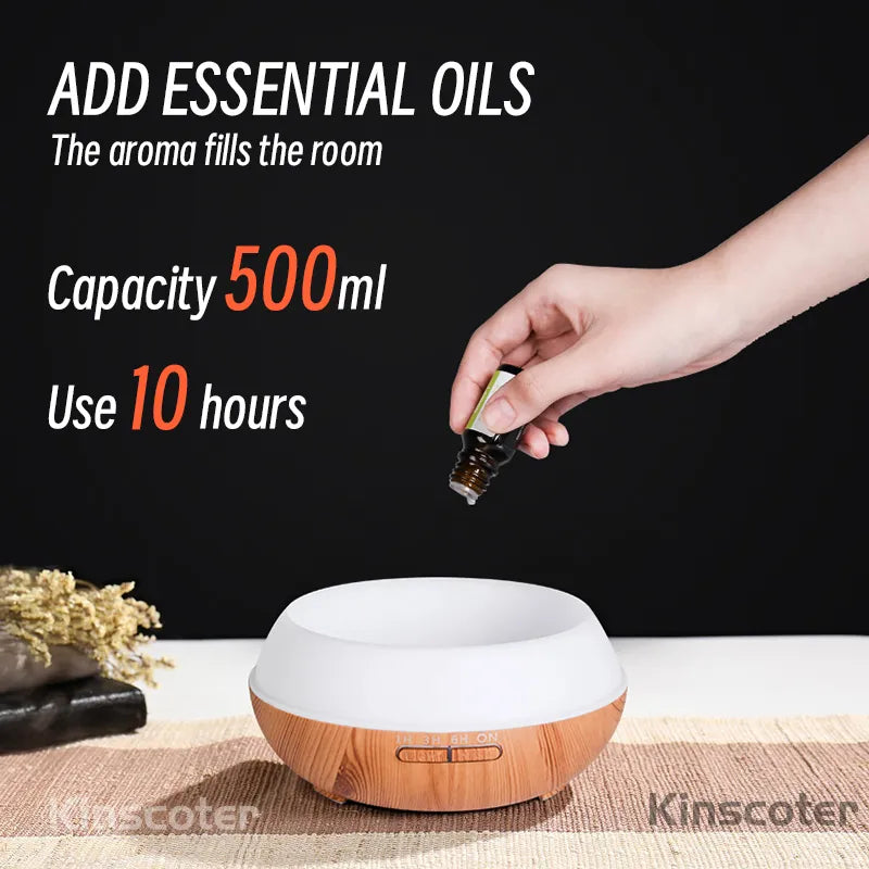 High Quality 500ml Aromatherapy Essential Oil Diffuser Wood Grain Remote Control Ultrasonic Air Humidifier with 7 Colors Light