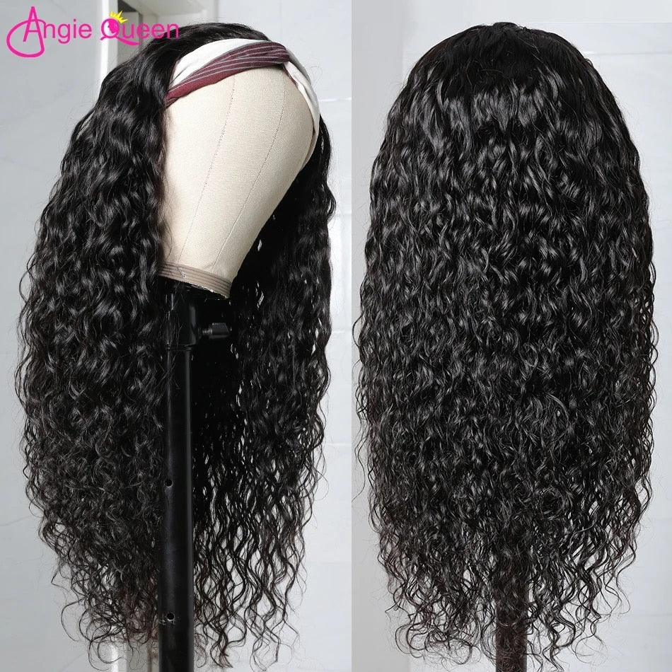 Water Wave Headband Wig Human Hair Wigs For Women Brazilian Glueless Curly Water Headband Wig Remy Hair Scarf  With Headband